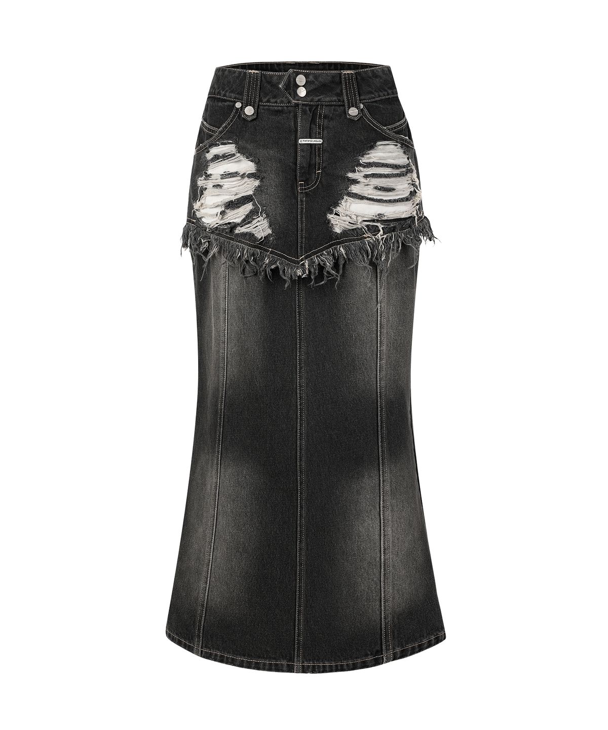 더바이닐하우스(THEVINYLHOUSE) DESTROYED DOUBLE DENIM SKIRT BLACK