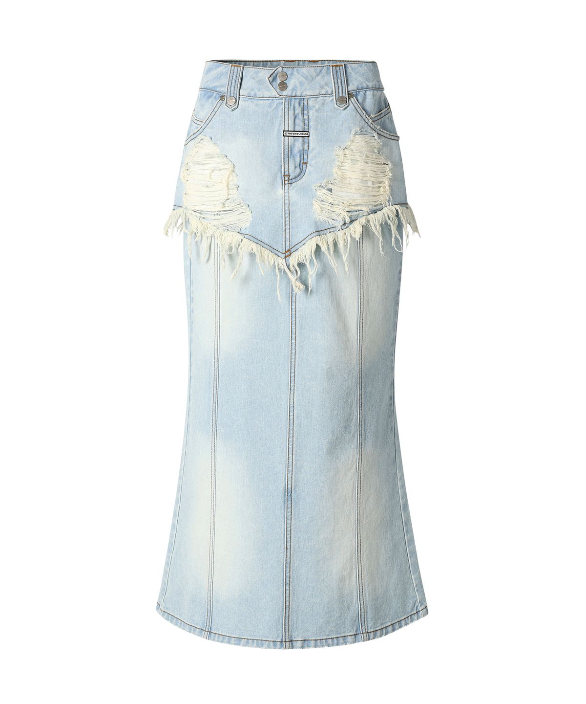 더바이닐하우스(THEVINYLHOUSE) DESTROYED DOUBLE DENIM SKIRT LIGHT BLUE