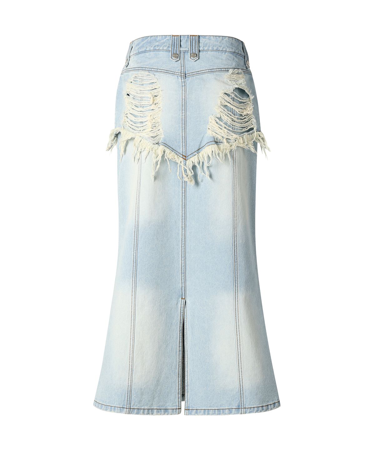 더바이닐하우스(THEVINYLHOUSE) DESTROYED DOUBLE DENIM SKIRT LIGHT BLUE