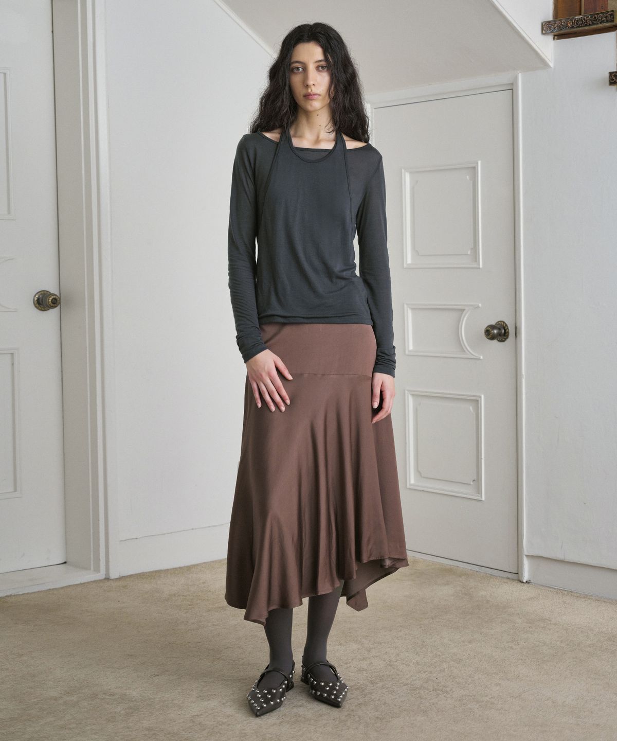 시메트릭 퍼센트(SYMMETRICPERCENT) Satin Drape Skirt / Brown