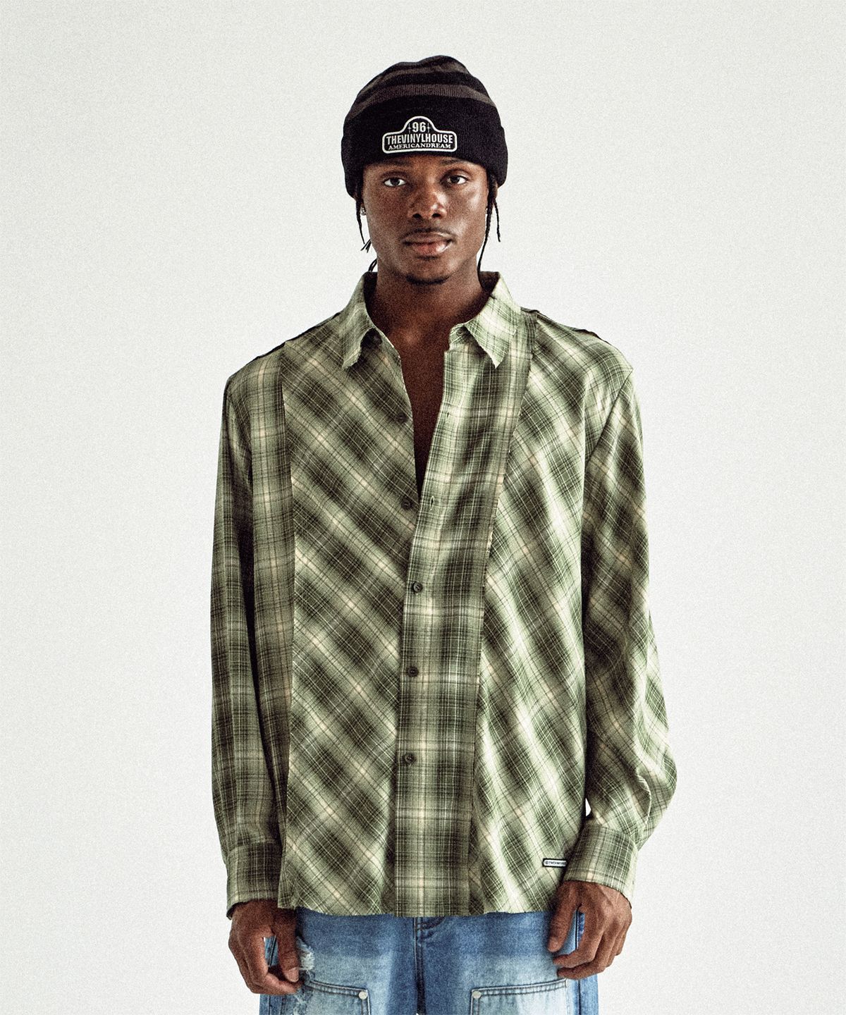더바이닐하우스(THEVINYLHOUSE) UNBALANCE CHECK SHIRTS GREEN