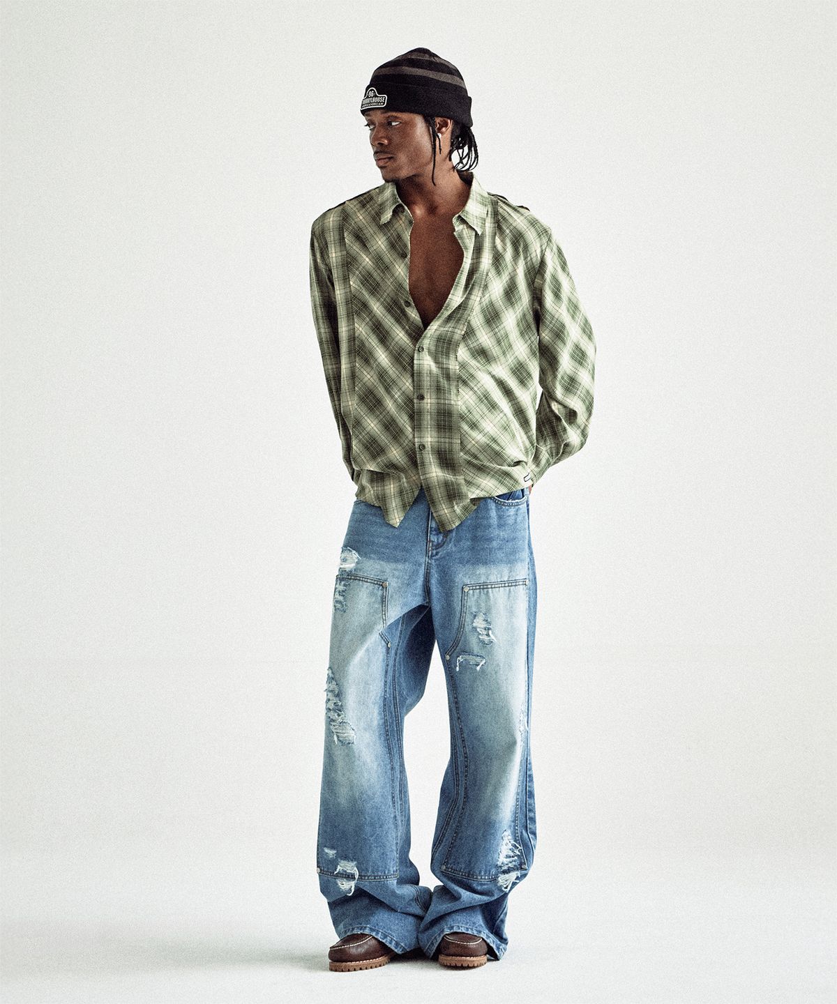 더바이닐하우스(THEVINYLHOUSE) UNBALANCE CHECK SHIRTS GREEN