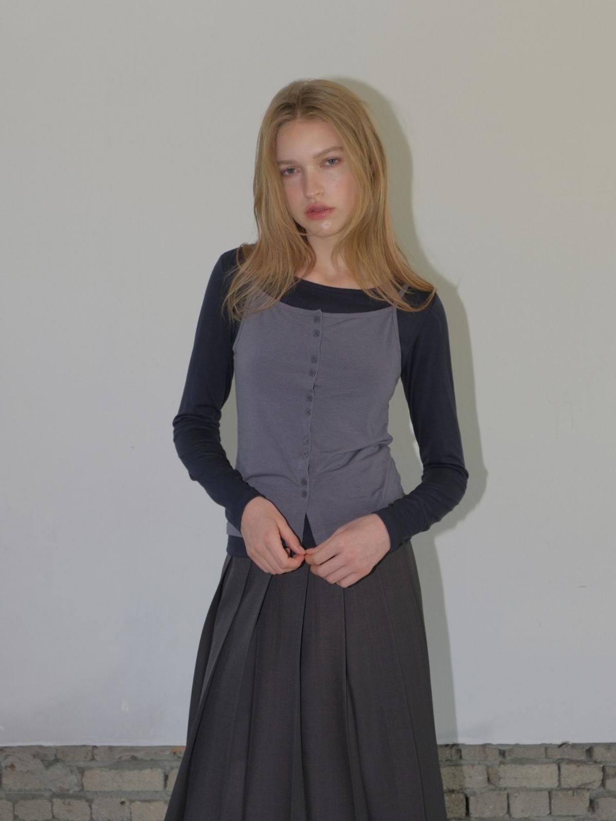에트몽(ETMON) Cami Layered T-Shirt SET, Navy Grey