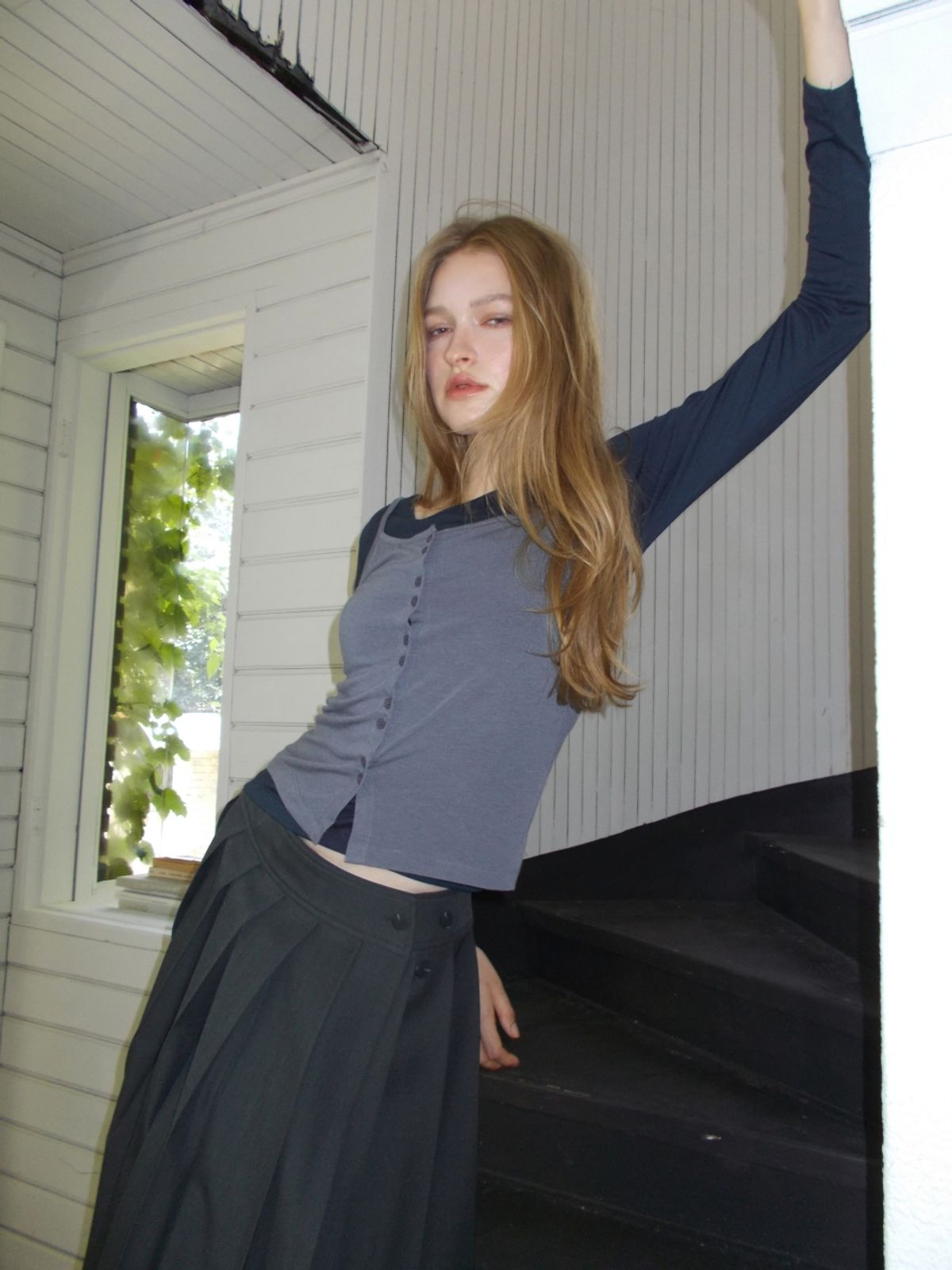 에트몽(ETMON) Cami Layered T-Shirt SET, Navy Grey