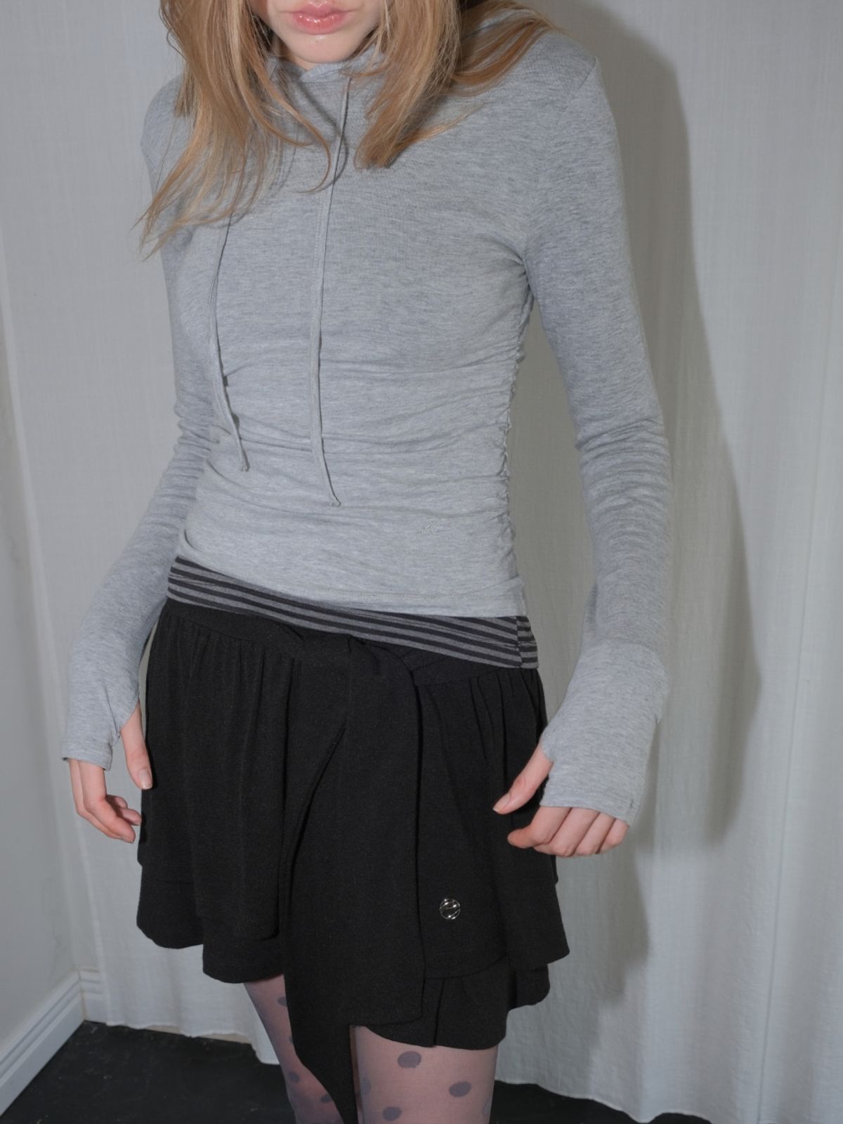에트몽(ETMON) Hooded Shirring T-Shirt, Melange Grey