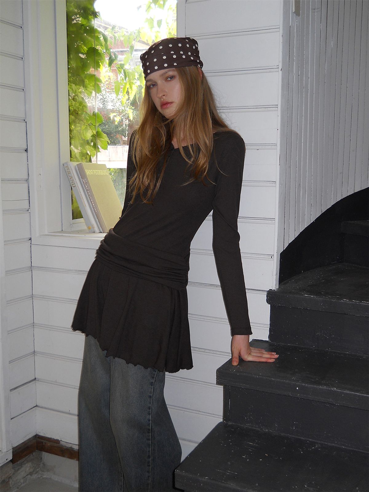에트몽(ETMON) Ribbed Button Shirring Dress, Brown