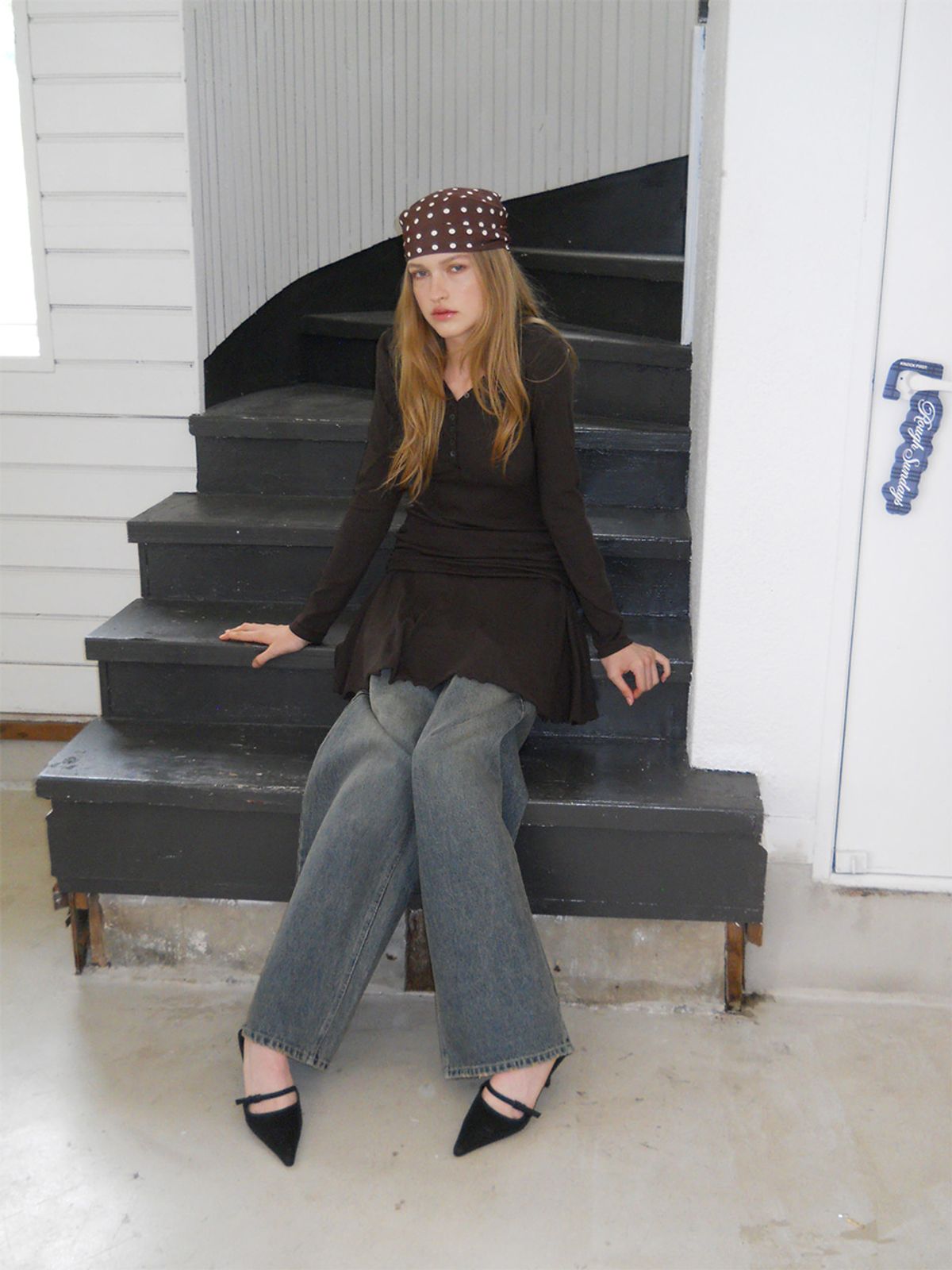 에트몽(ETMON) Ribbed Button Shirring Dress, Brown