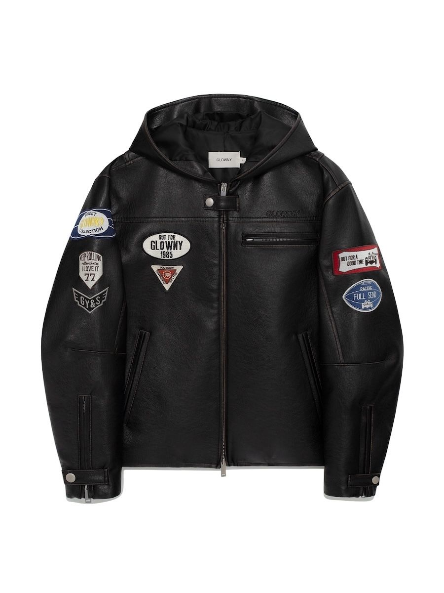 MUSINSA公式 | GLOWNY RACER HOODED LEATHER JACKET (BLACK)