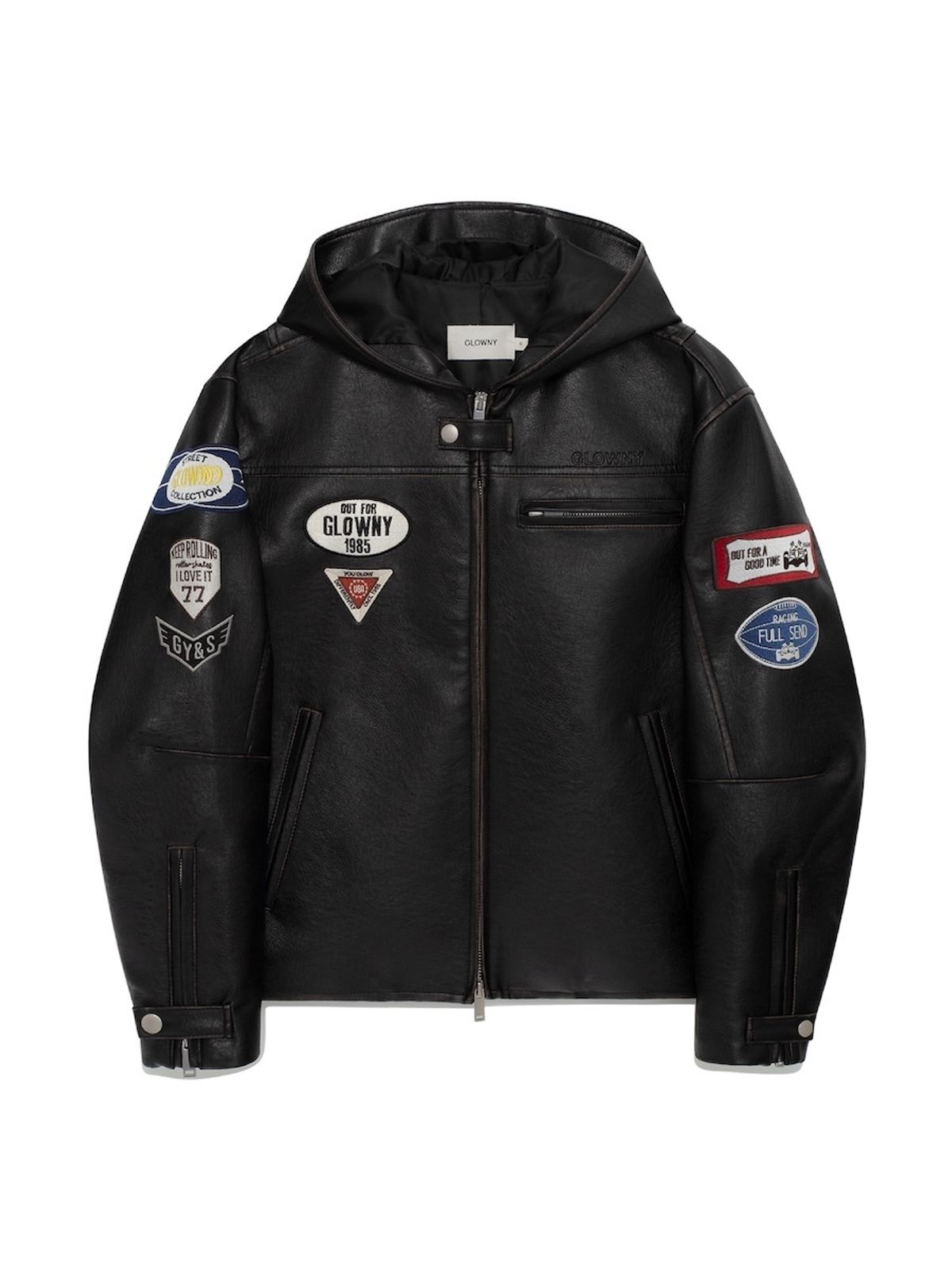 글로니(GLOWNY) RACER HOODED LEATHER JACKET (BLACK)