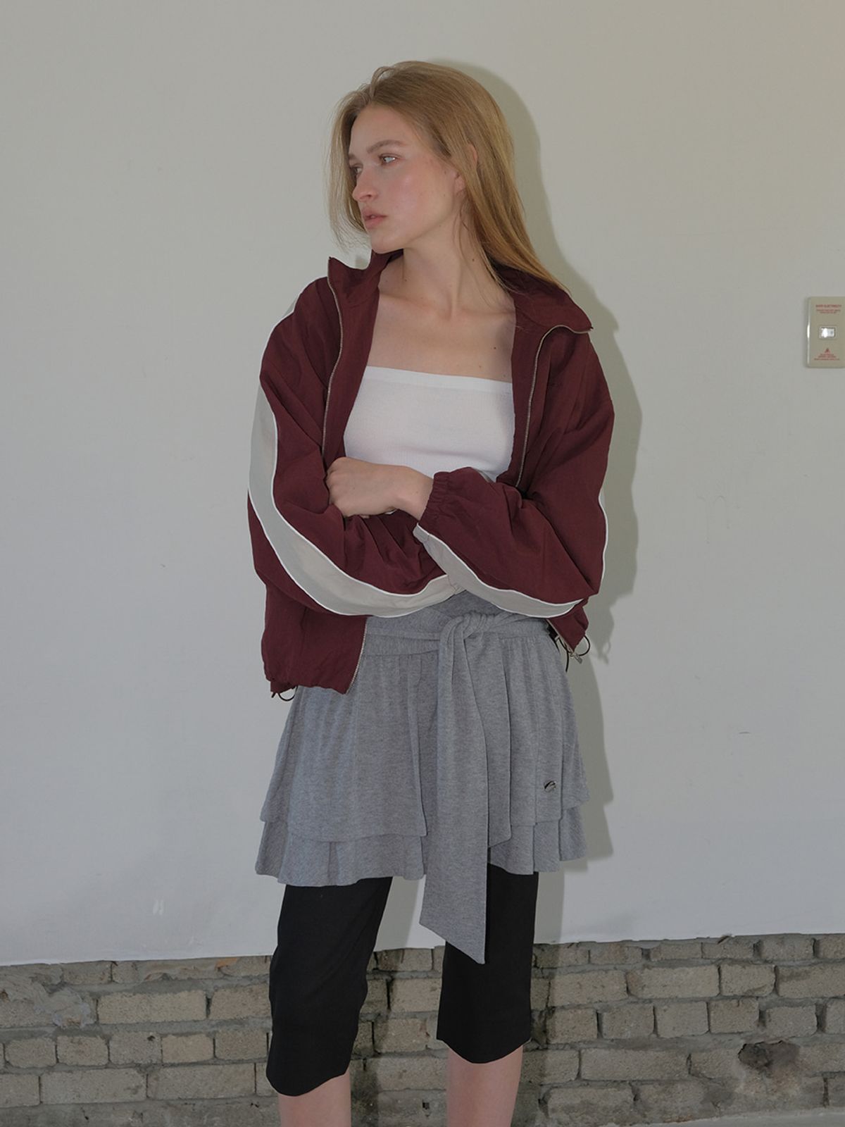 에트몽(ETMON) Knotted Frill Mini Skirt, Melange Grey
