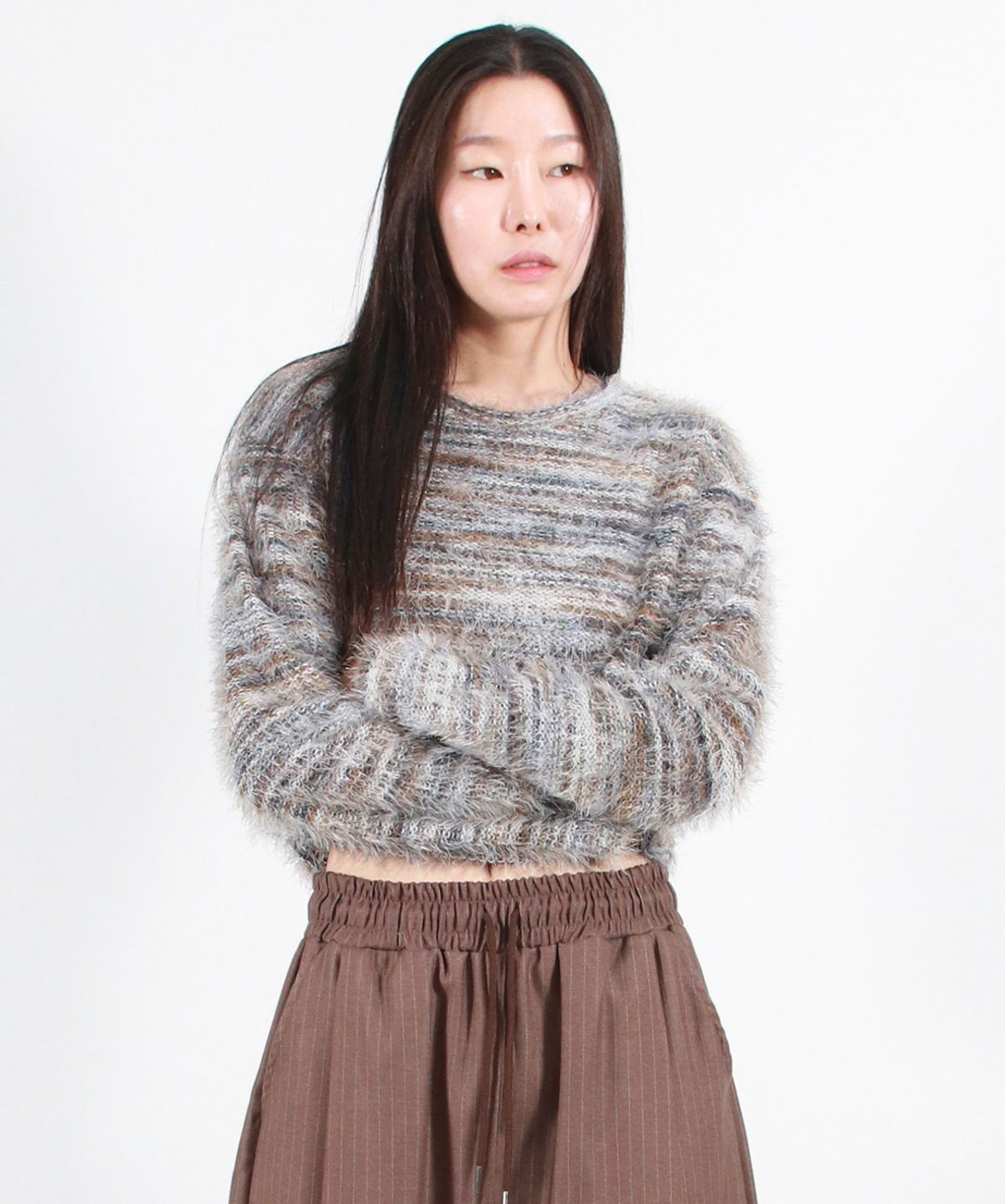 드마크(DEMARC) RAINBOW STRIPE CROP LONG SLEEVE KNIT -  Beige