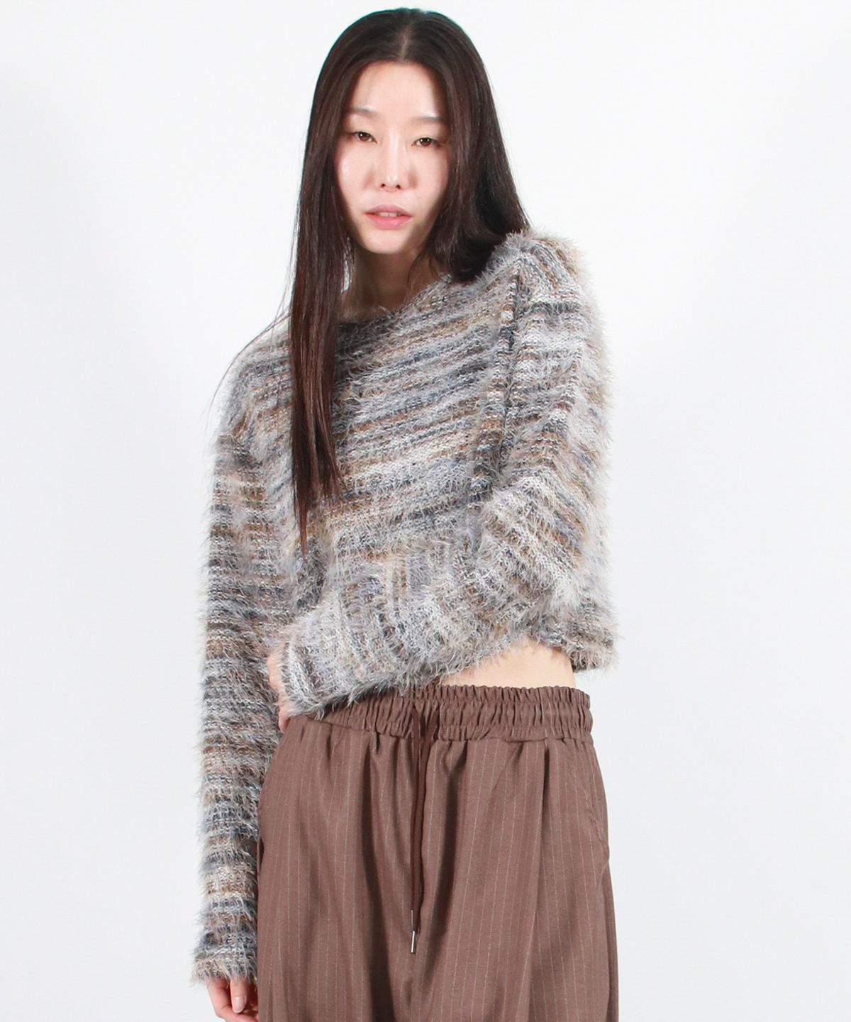 드마크(DEMARC) RAINBOW STRIPE CROP LONG SLEEVE KNIT -  Beige
