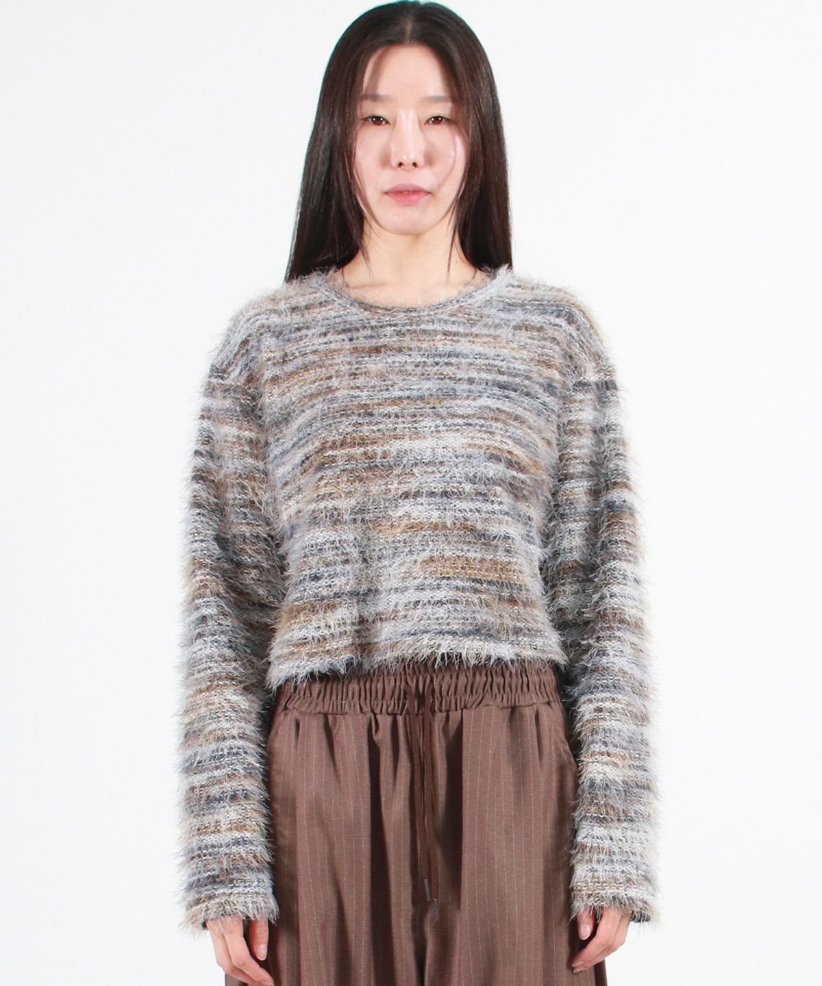 드마크(DEMARC) RAINBOW STRIPE CROP LONG SLEEVE KNIT -  Beige