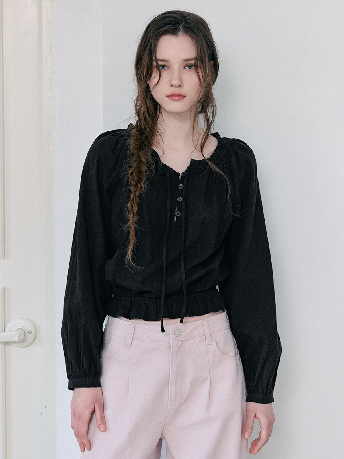 에트몽(ETMON) Cotton Lace Button Blouse, Black