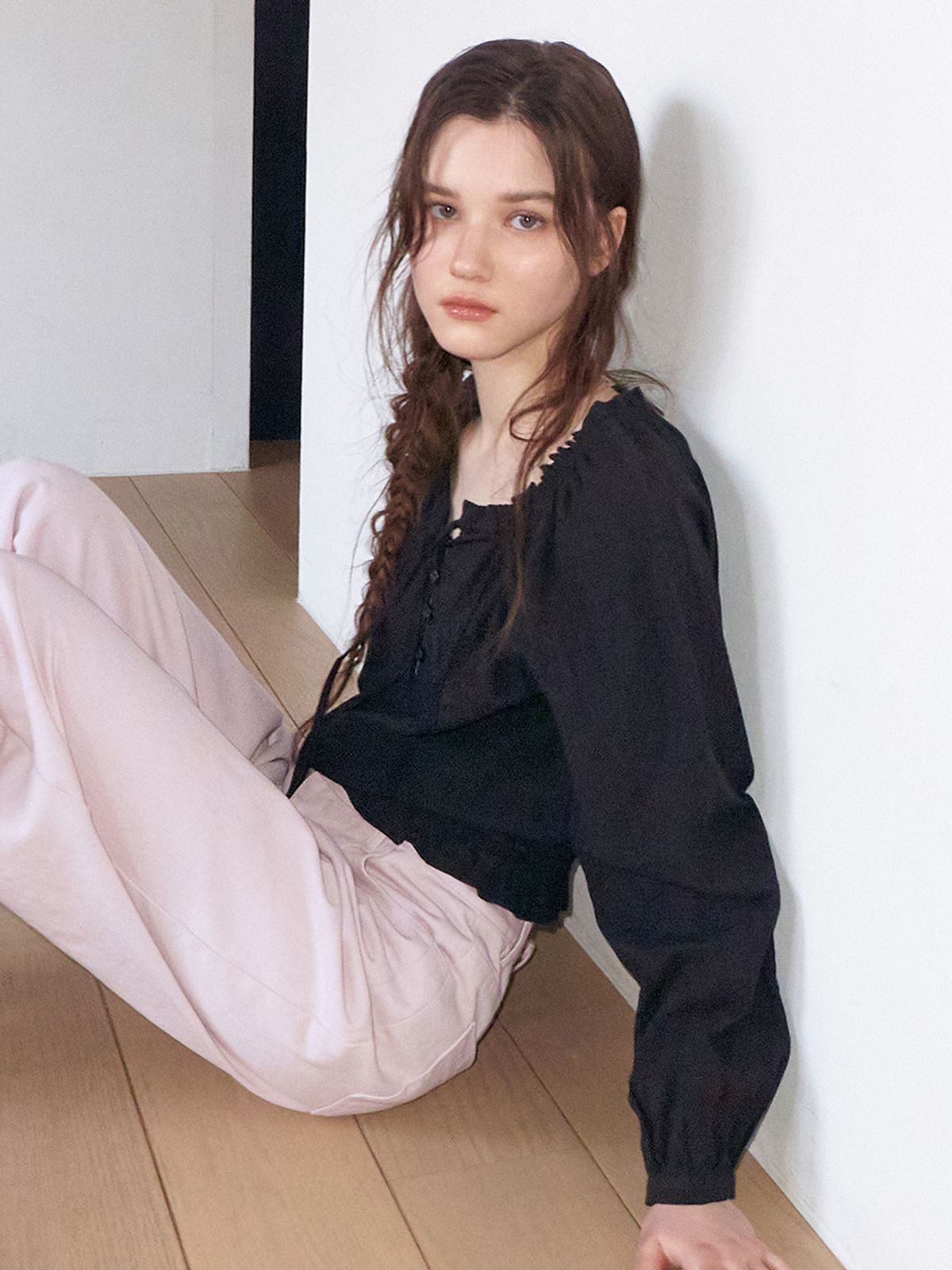 에트몽(ETMON) Cotton Lace Button Blouse, Black
