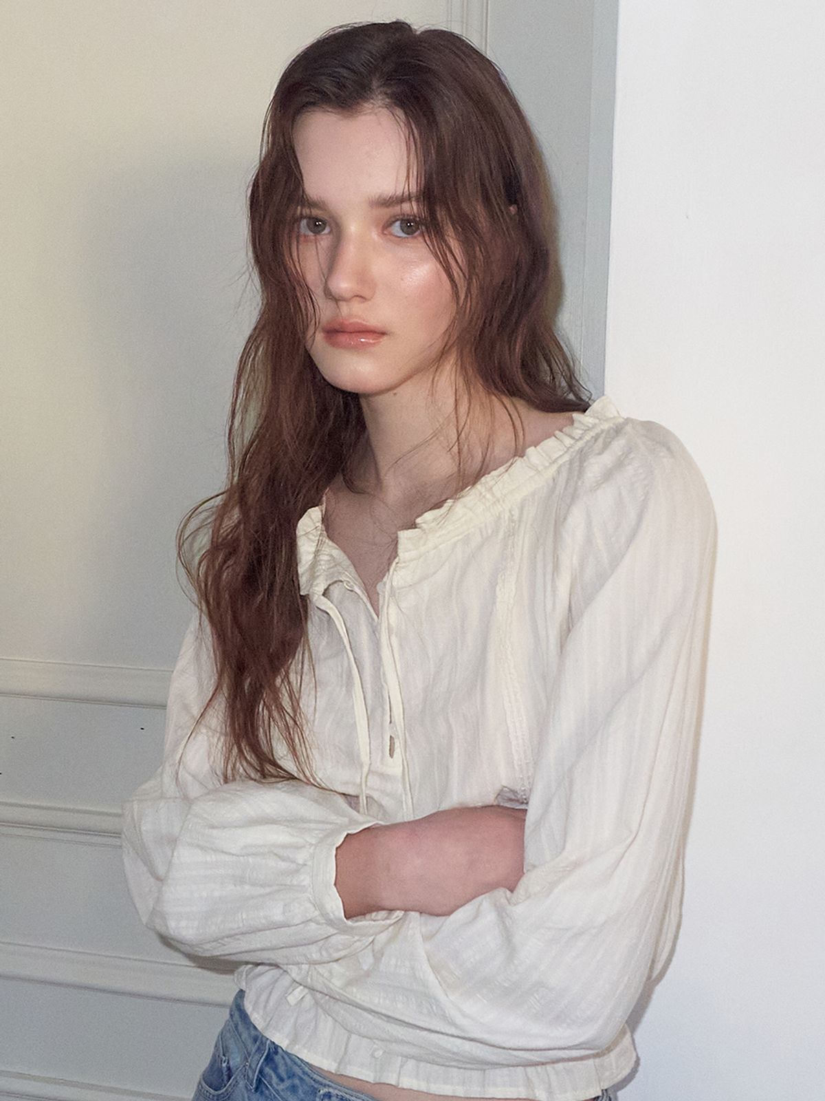 에트몽(ETMON) Cotton Lace Button Blouse, Cream