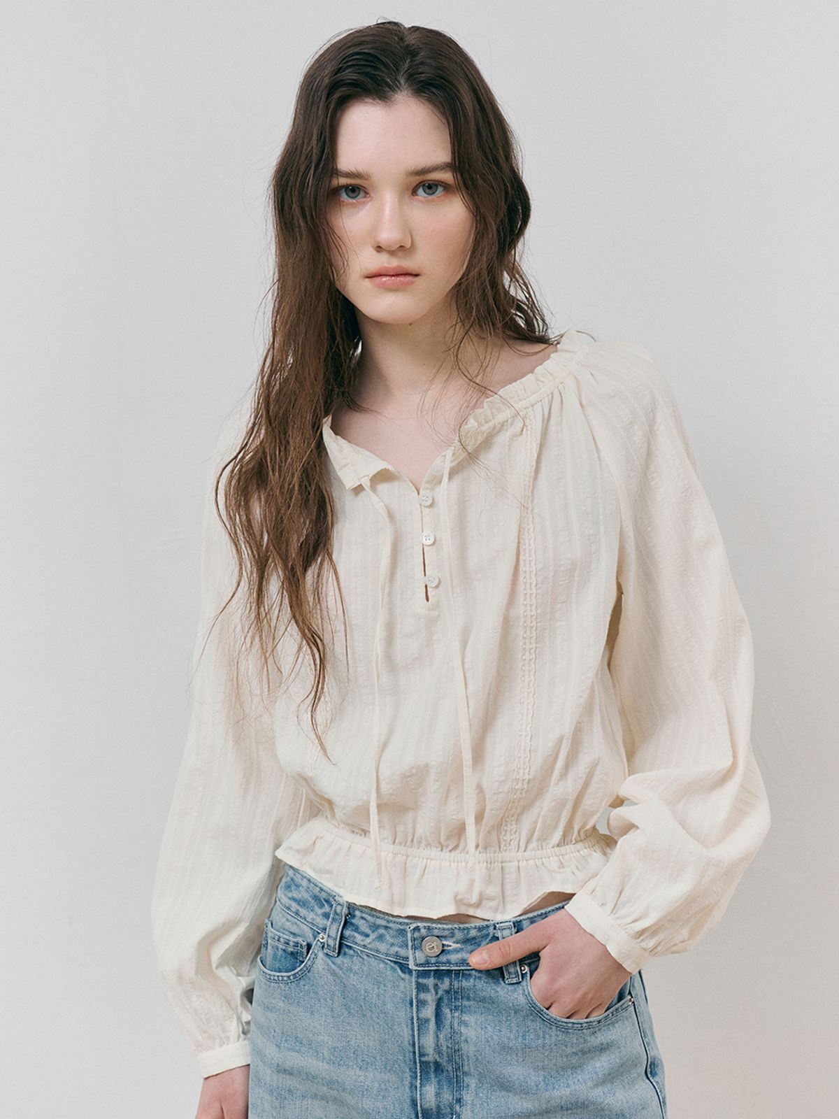 에트몽(ETMON) Cotton Lace Button Blouse, Cream
