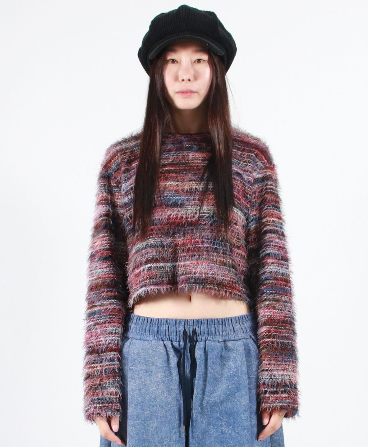 드마크(DEMARC) RAINBOW STRIPE CROP LONG SLEEVE KNIT -  Pink