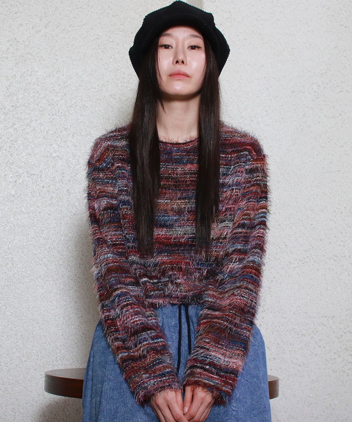 드마크(DEMARC) RAINBOW STRIPE CROP LONG SLEEVE KNIT -  Pink