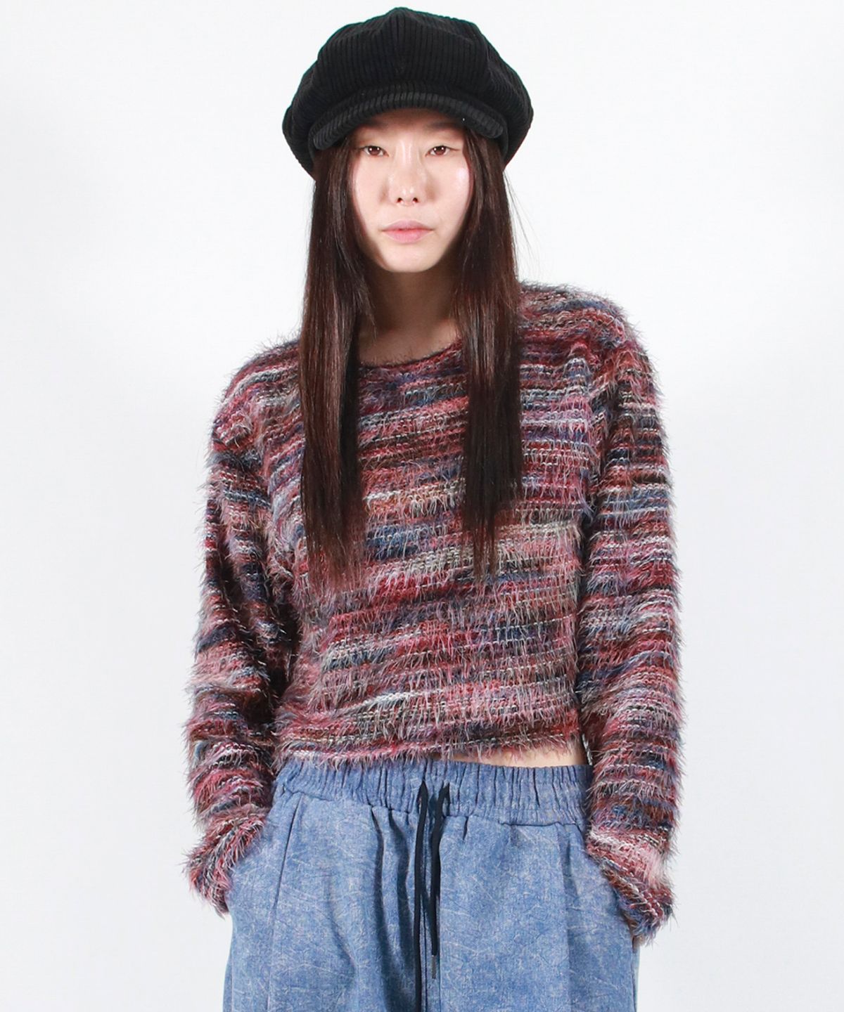 드마크(DEMARC) RAINBOW STRIPE CROP LONG SLEEVE KNIT -  Pink