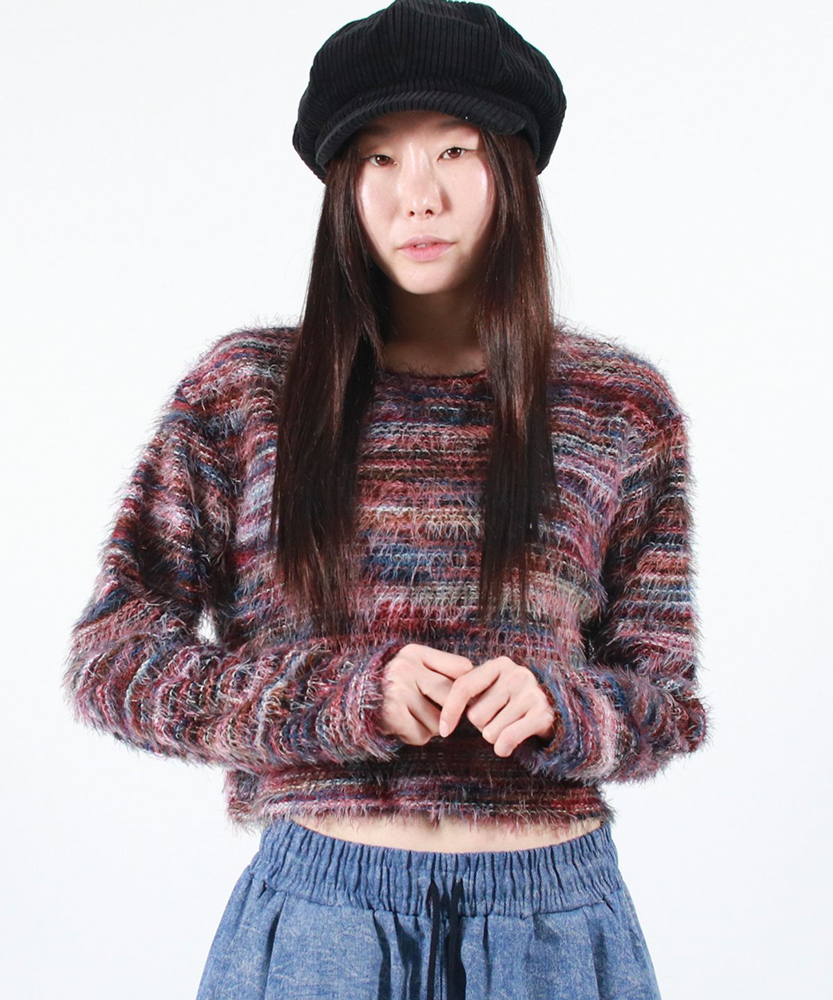 드마크(DEMARC) RAINBOW STRIPE CROP LONG SLEEVE KNIT -  Pink