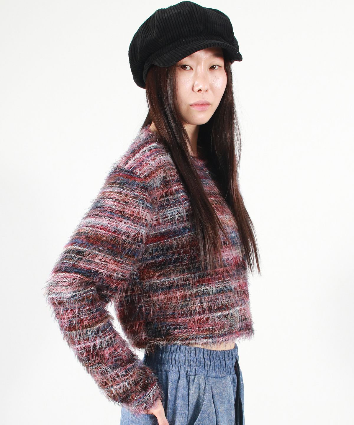드마크(DEMARC) RAINBOW STRIPE CROP LONG SLEEVE KNIT -  Pink