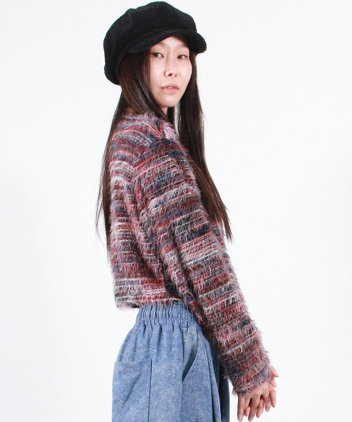 드마크(DEMARC) RAINBOW STRIPE CROP LONG SLEEVE KNIT -  Pink