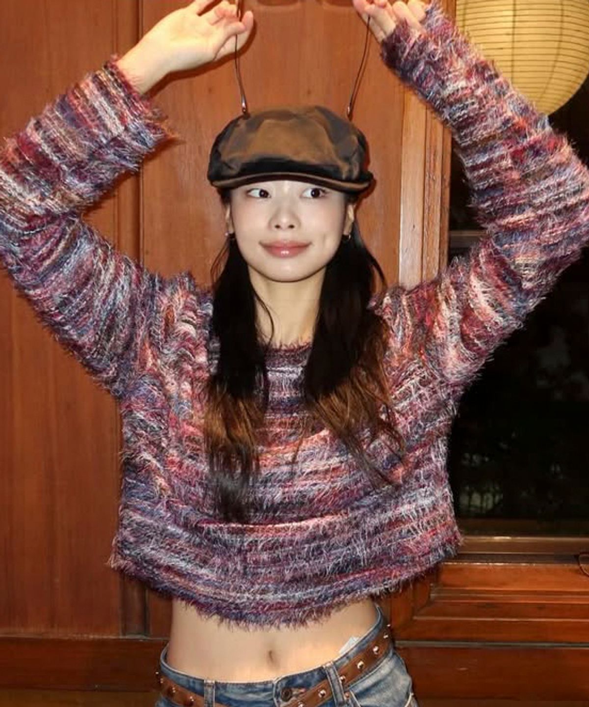 드마크(DEMARC) RAINBOW STRIPE CROP LONG SLEEVE KNIT -  Pink