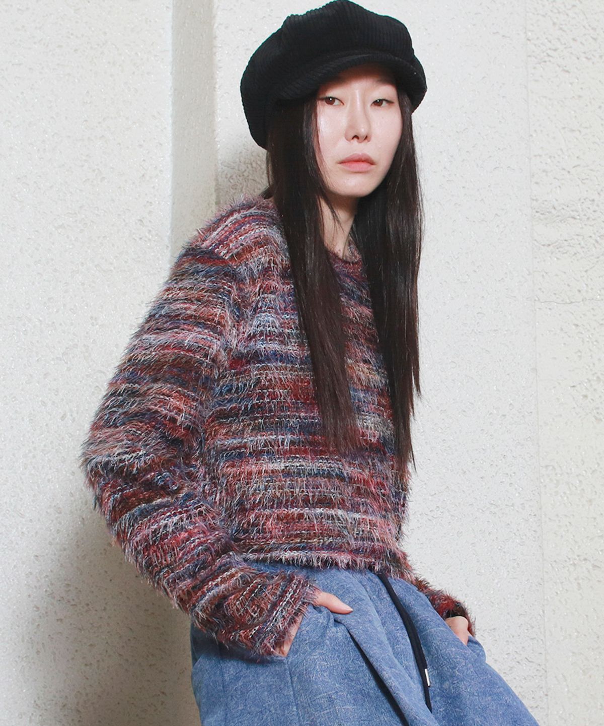 드마크(DEMARC) RAINBOW STRIPE CROP LONG SLEEVE KNIT -  Pink