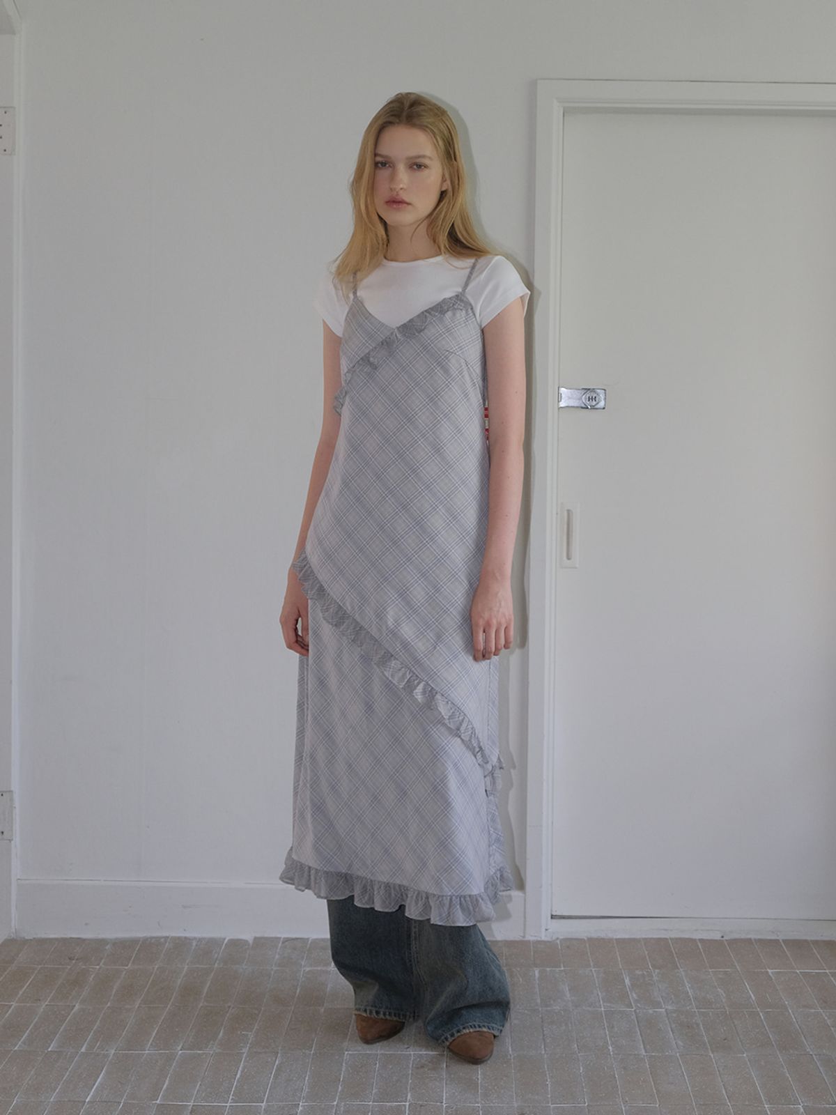 에트몽(ETMON) Slip Check Frill Dress, Khaki Grey