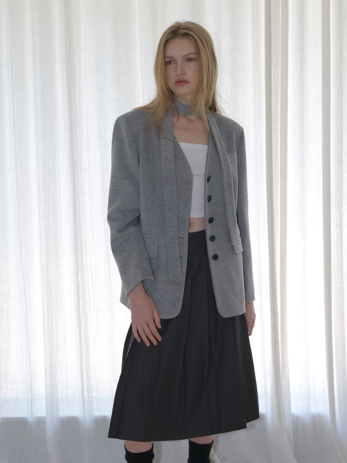에트몽(ETMON) V-Neck Scarf Jacket, Grey