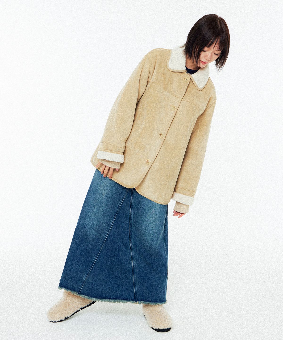 팔렛(FALLETT) 퍼 카라 하프 무스탕 베이지