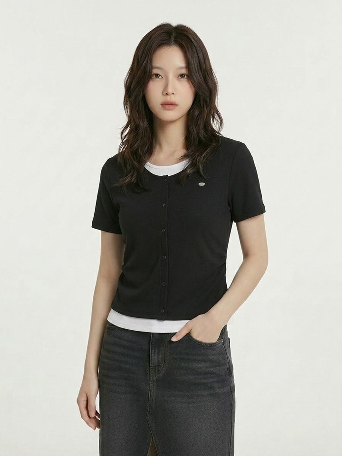 행텐(HANGTEN) 여성 슬림핏 웨일 가디건 레이어드 반팔 티셔츠_3colors(10570-131-498-69)