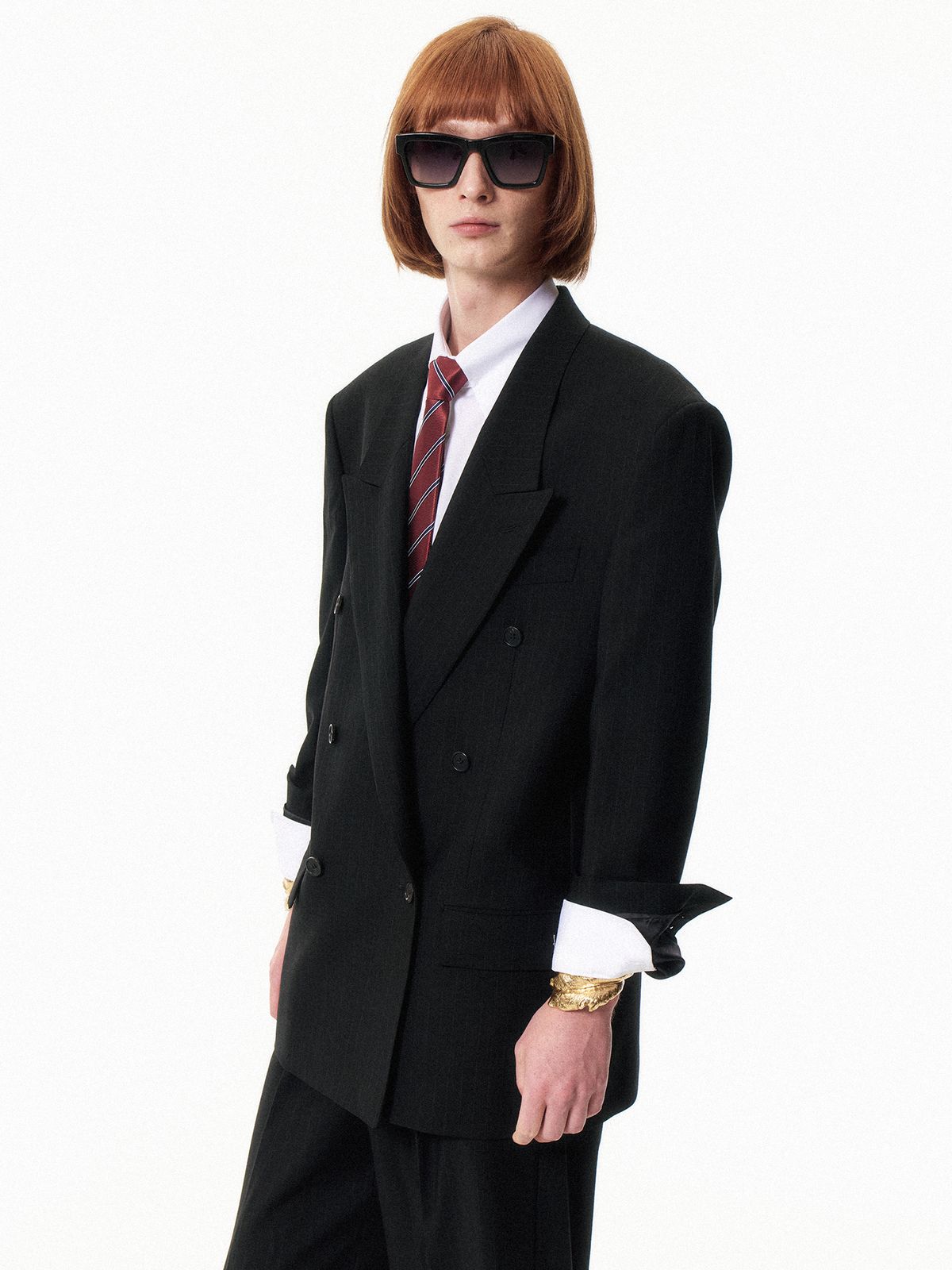 쿠르베(COURBE) Double Breasted Pinstripes Blazer (Black)