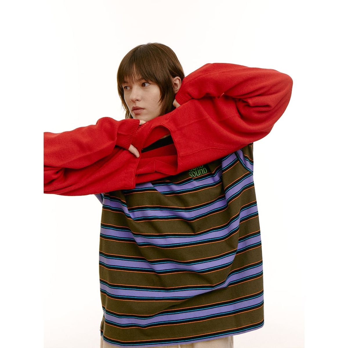 샌드 사운드(SAND SOUND) (UNISEX) 스트라이프 롱슬리브 티셔츠  카키