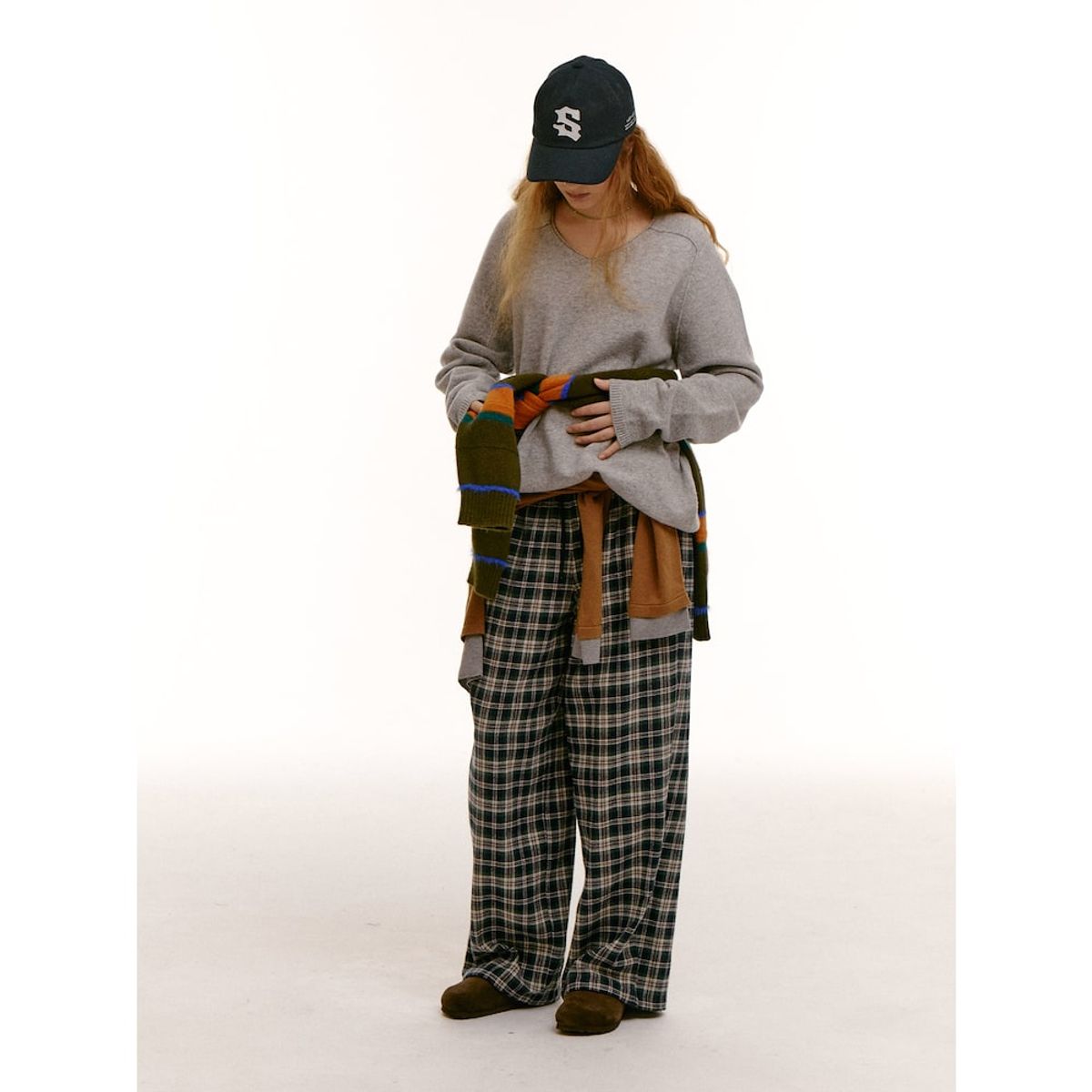 샌드 사운드(SAND SOUND) (UNISEX) 와이드 체크 밴딩 팬츠  그린