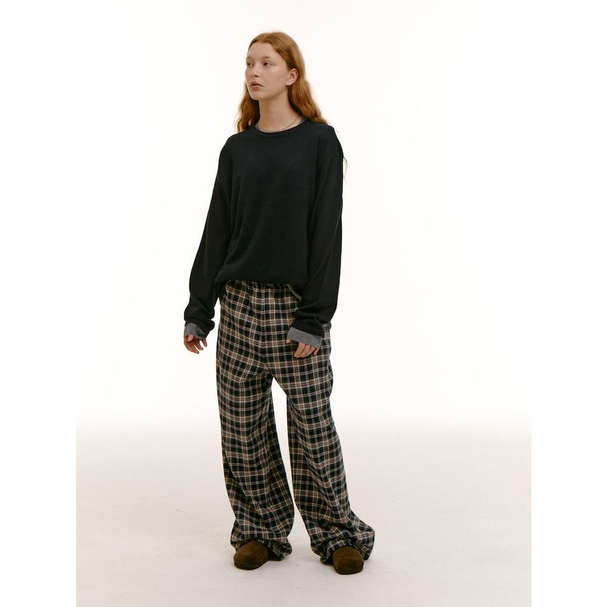 샌드 사운드(SAND SOUND) (UNISEX) 와이드 체크 밴딩 팬츠  그린