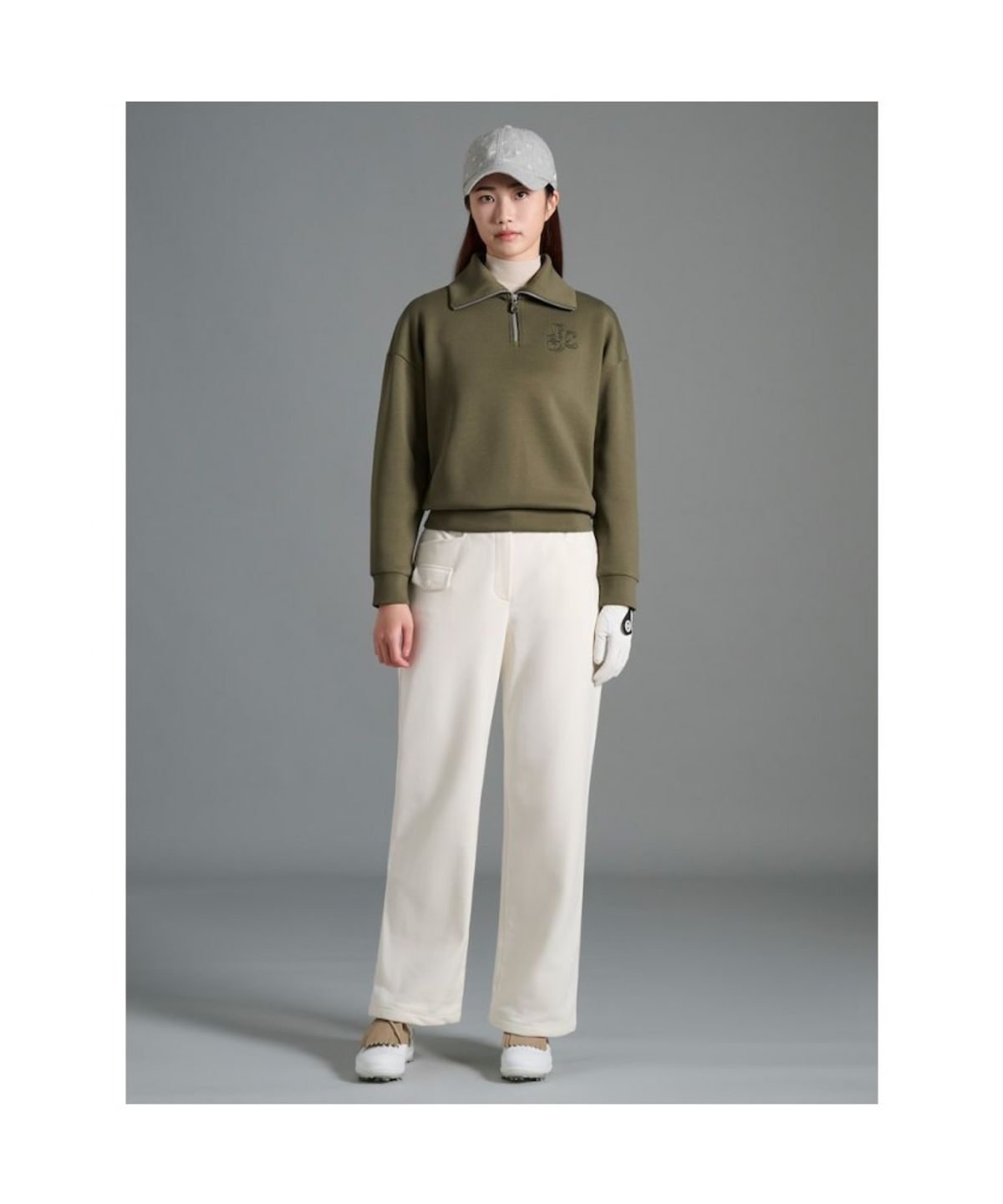 빈폴골프(BEANPOLE GOLF) 여성 자카드 블루종핏 긴소매 티셔츠  카키