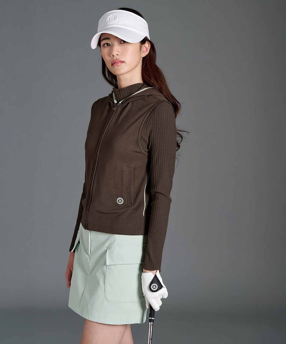 빈폴골프(BEANPOLE GOLF) 여성 후디 풀집업 니트 베스트  카키