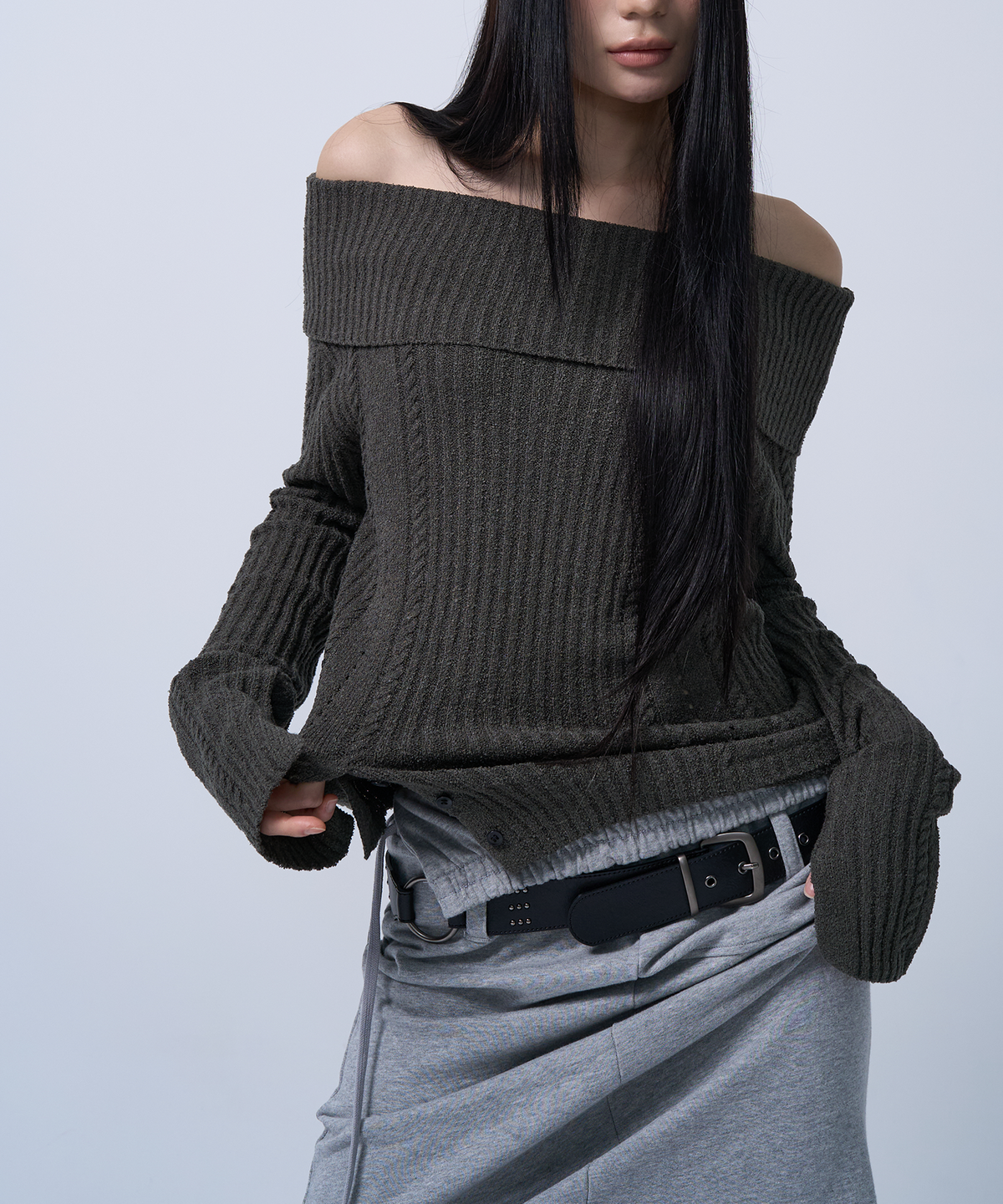 지제뮤지엄(ZIZEMUSEUM) FOLDING WAIST BAND MAXI SKIRT (MELANGE GRAY)