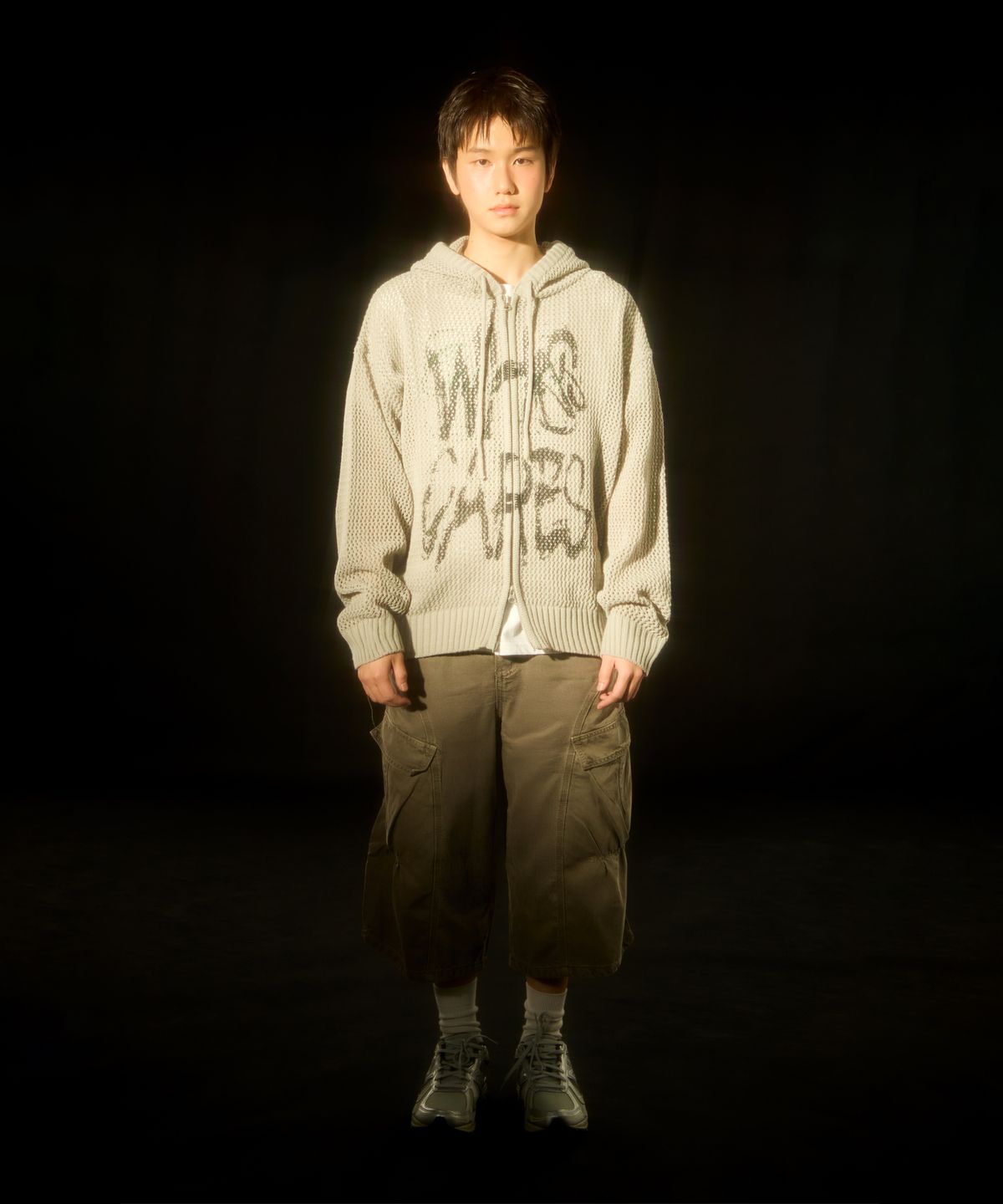 비디오자키(VIDEO JOCKEY) 후 케얼스 매쉬 니트 집업 후디 [라이트그레이]