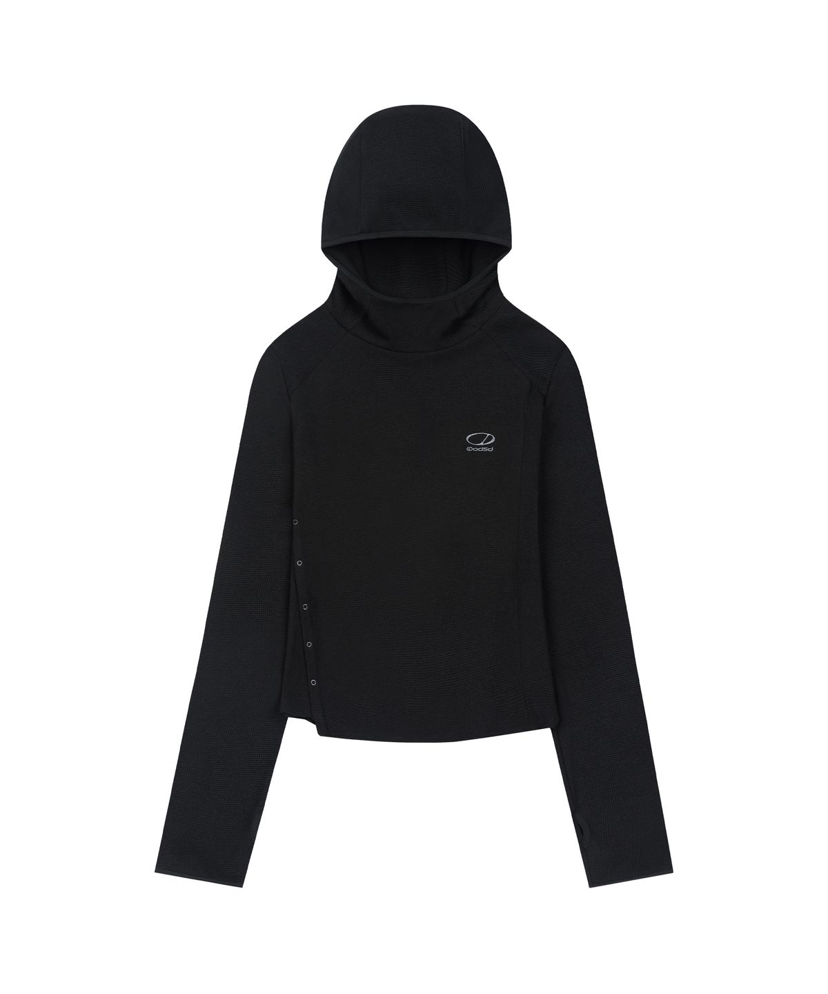 오드스튜디오(ODDSTUDIO) 사이드 스냅 와플 후드 롱슬리브 - BLACK