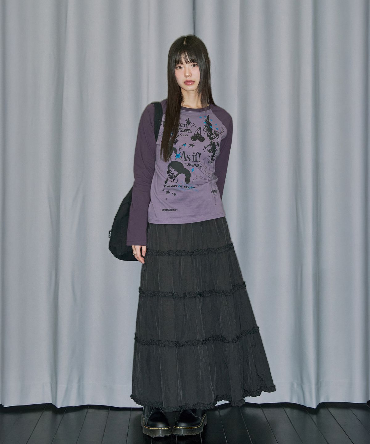 오드스튜디오(ODDSTUDIO) 키치 스템프 핀턱 래글런 롱 슬리브 - GRAY PURPLE