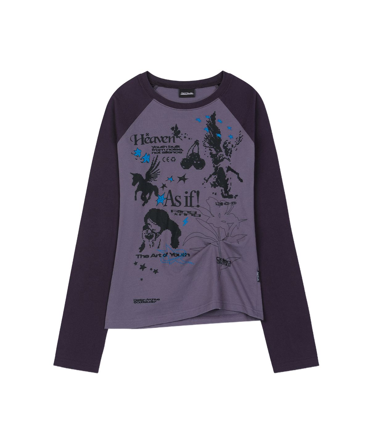 오드스튜디오(ODDSTUDIO) 키치 스템프 핀턱 래글런 롱 슬리브 - GRAY PURPLE