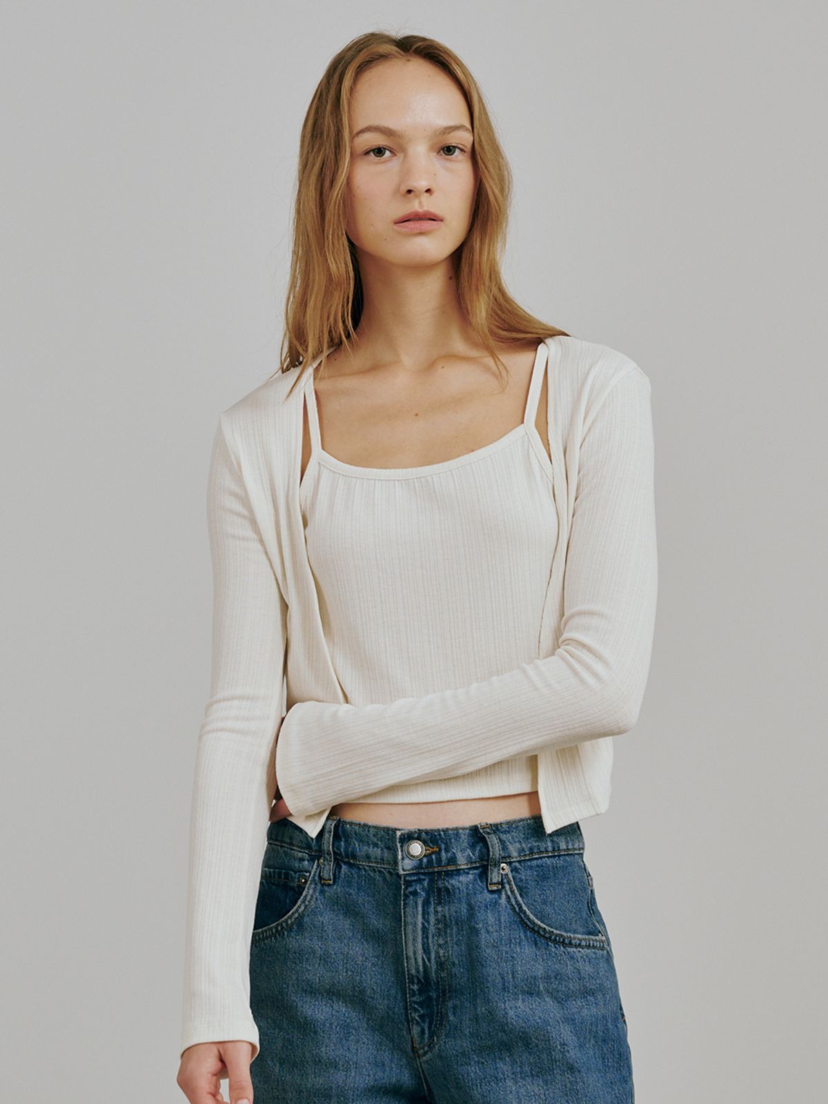 누브(NOUVE) 소프트 가디건 슬리브리스 셋트 - 아이보리 / Soft Cardigan Sleeveless Set - Ivory