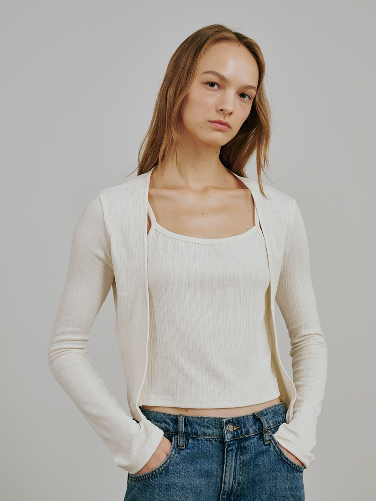 누브(NOUVE) 소프트 가디건 슬리브리스 셋트 - 아이보리 / Soft Cardigan Sleeveless Set - Ivory
