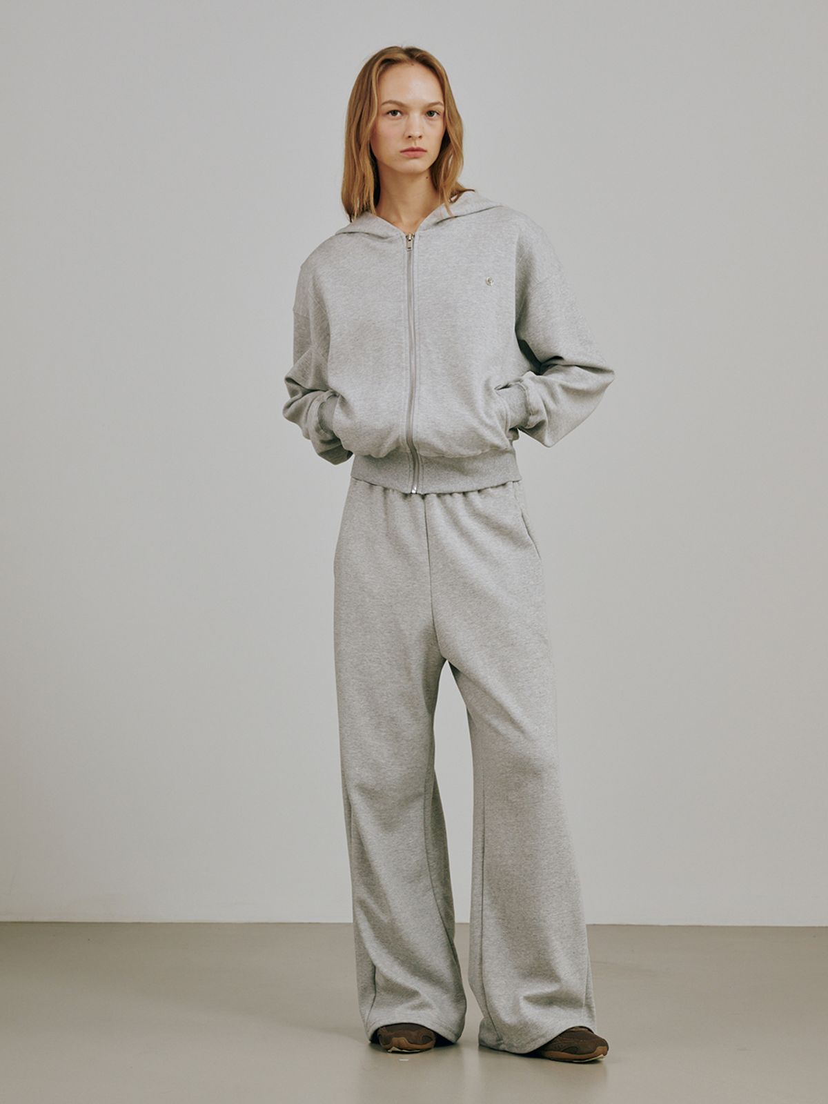 누브(NOUVE) 에센셜 후드 집업 셋업- 멜란지 그레이 / Essential Hood Zip Up Set Up - M.Gray