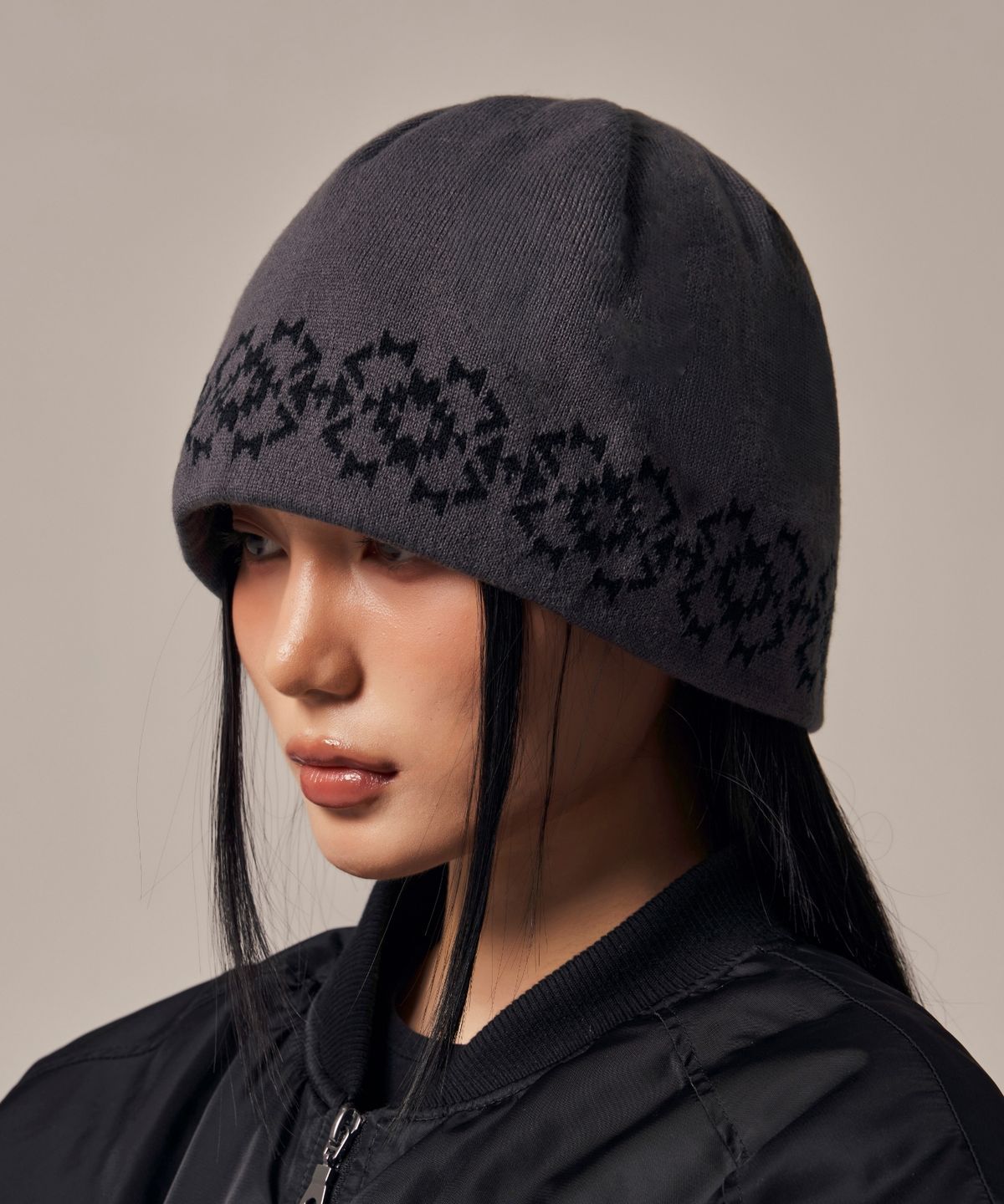 아이돈워너셀(IDWS) Ethnic Jacquard Maxi Beanie Gray