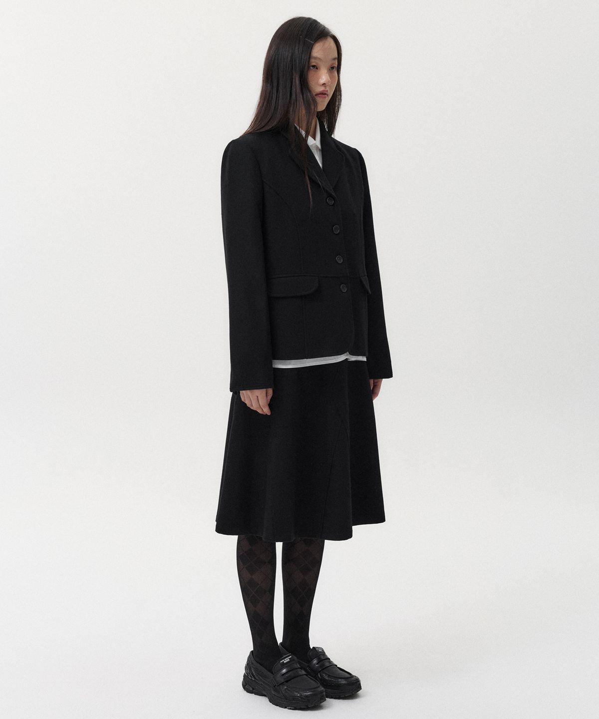 오헤시오(OHESHIO) WOOL TWILL A-LINE SKIRT, BLACK