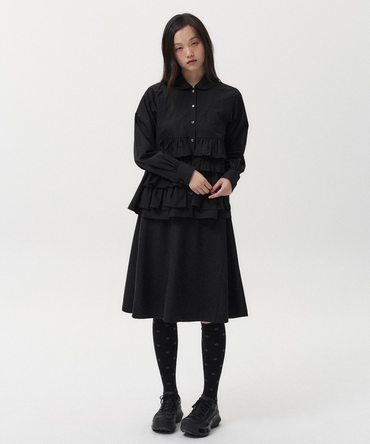 오헤시오(OHESHIO) WOOL TWILL A-LINE SKIRT, CHARCOAL